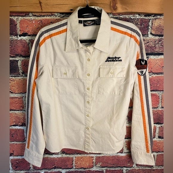 Harley Davidson Neutral Women’s Long Sleeve Button Up Top with Logos Size M/L - Picture 4 of 13
